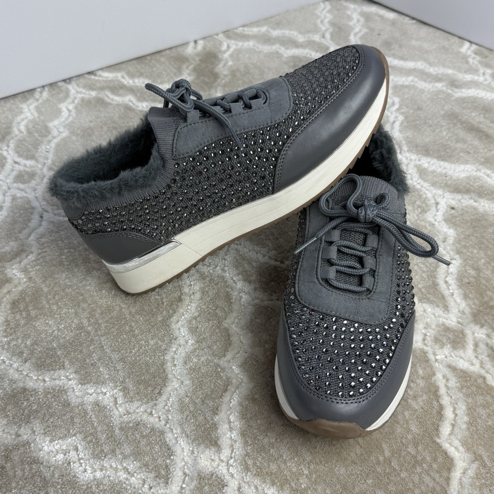Kenneth‎ Cole Reaction "Cari Cozy" Wom 7.5 M Gray Sequin Fur-lined Sneakers Good